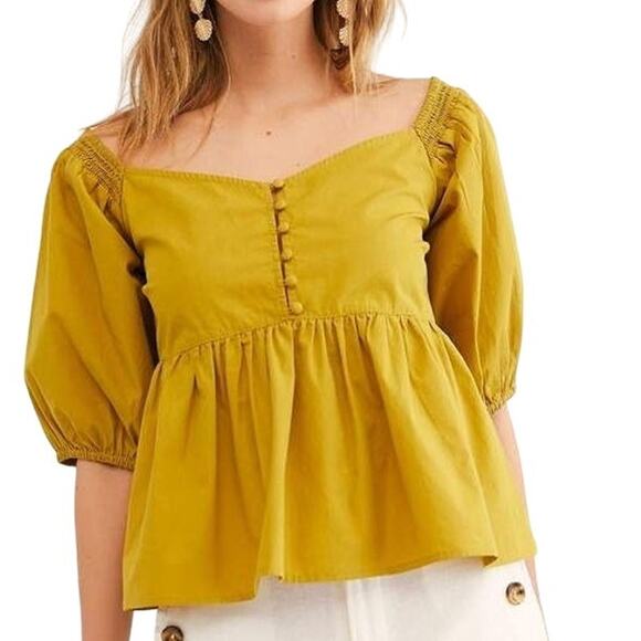 Free People Veronica Sweetheart Neck Peplum Balloon Sleeve Blouse Top Mustard XL - Picture 1 of 15